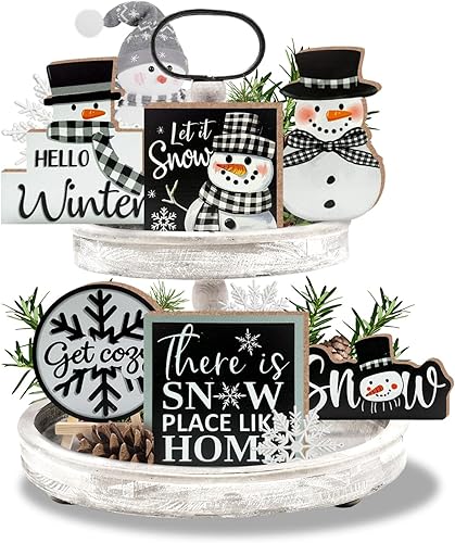 Juego de 11 piezas de decoración de bandeja escalonada de muñeco de nieve de invierno, diseño de copos de nieve de búfalo blanco y negro, decoración