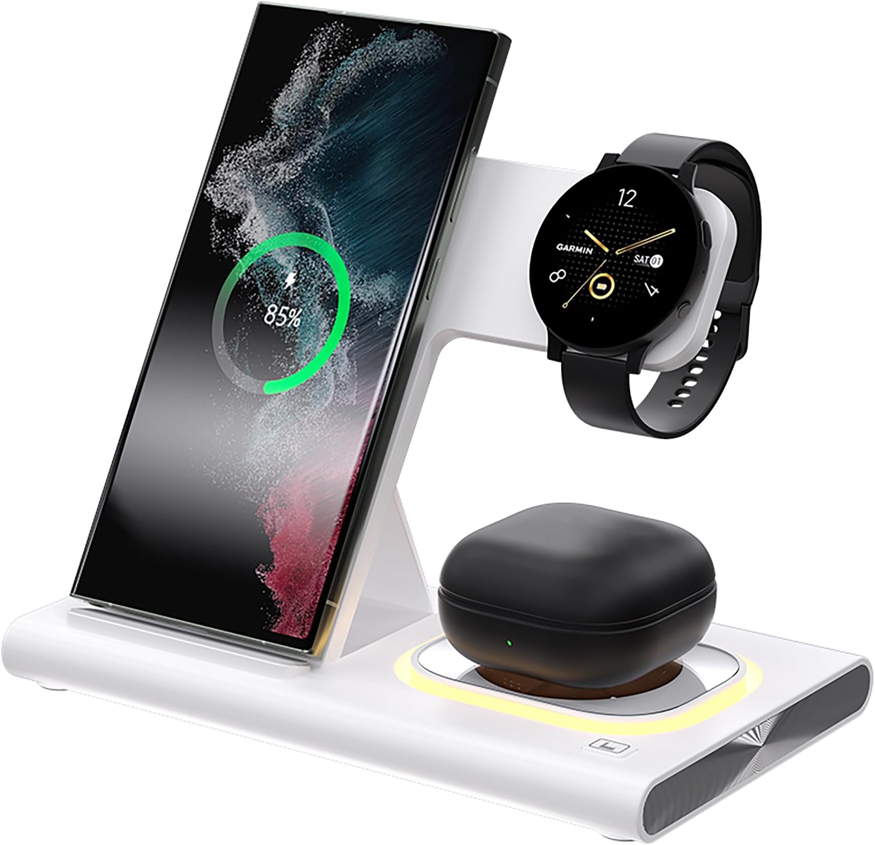 3 in 1 Wireless Charger for Samsung Charging Station Android Smartphone Multiple LED Devices Foldable Stand for Samsung Galaxy S25 S24 S23 S22 Note 20 Watch 8/7/6 Earbuds (White)