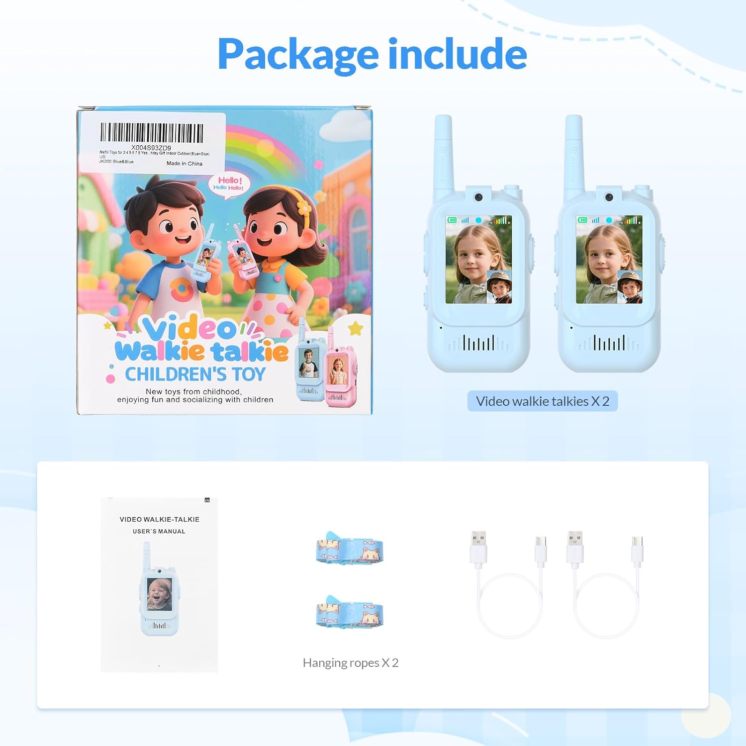 Video Walkie Talkies for Kids, 2 Pack Kids Walkie Talkies with 4 Voice Effects, 1000 Feet Range, Birthday Toys Gifts for Boys Girls Ages 3+, Games, Indoor, Outdoor Camping, Travel, Hiking (Blue/Blue)