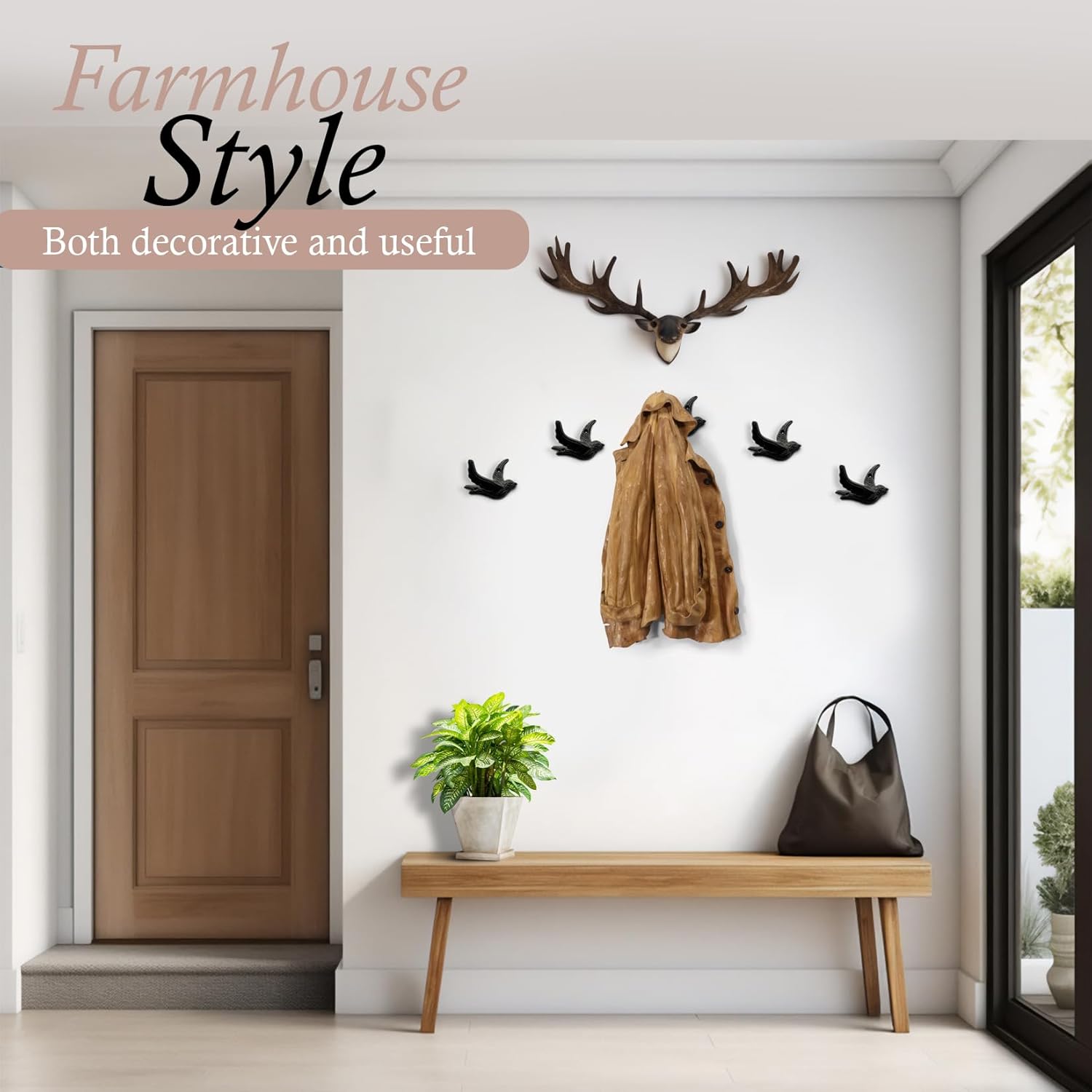 Flying Bird Cast Iron Hooks (5 Pack) Non Rusting Interior or Exterior Decorative Wall Hooks - Farmhouse Decor for Coats, Bags, Hats, Towels, Easy to Install (Black Hooks) - Image 6