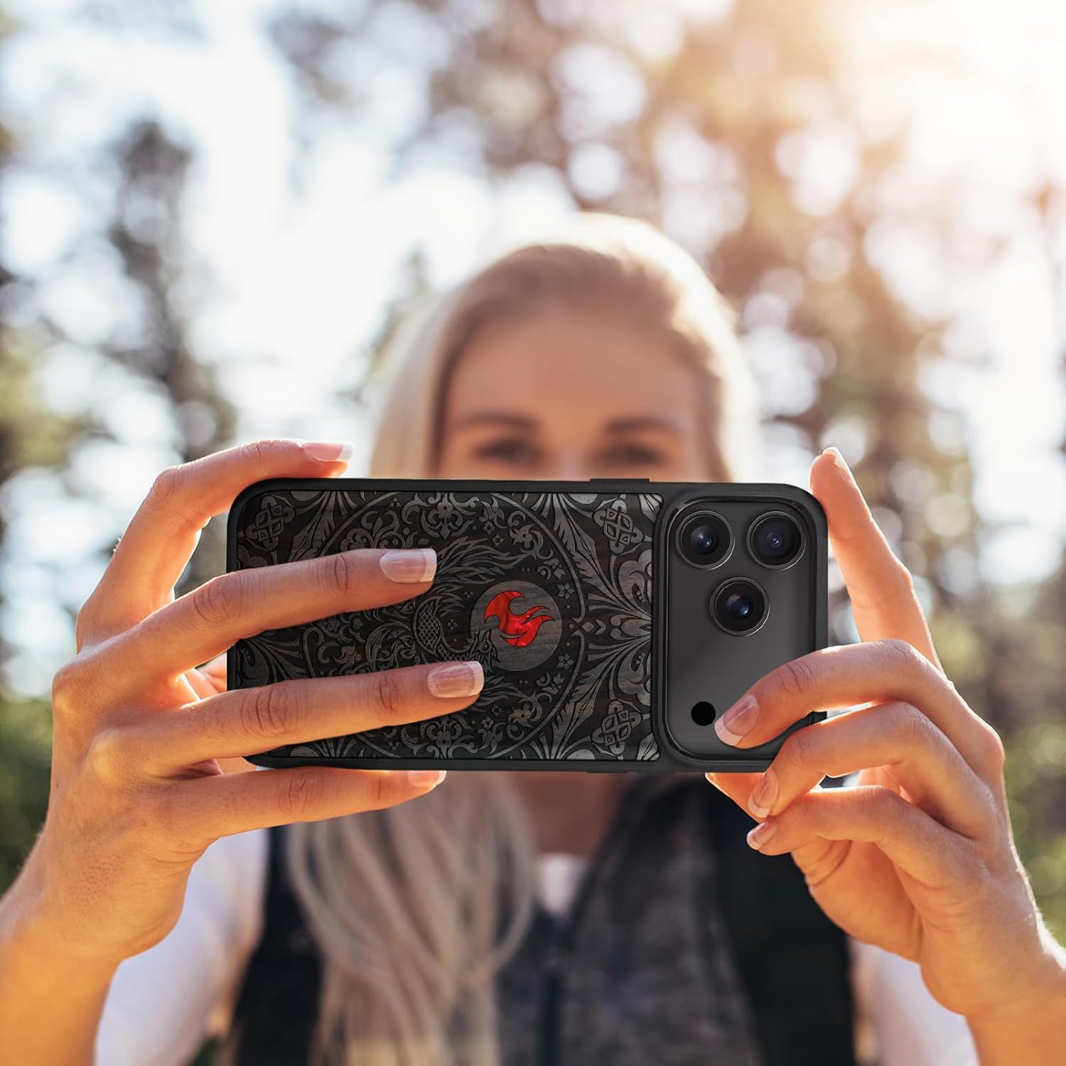 Carveit Magnetic Case for iPhone 17 Pro Max Case, Wood Artisan Engraved & Handmade Shell Inlaid, TPU Shockproof Cover, Compatible with MagSafe Wireless Chargers (Phoenix in Symmetry-Blackwood)