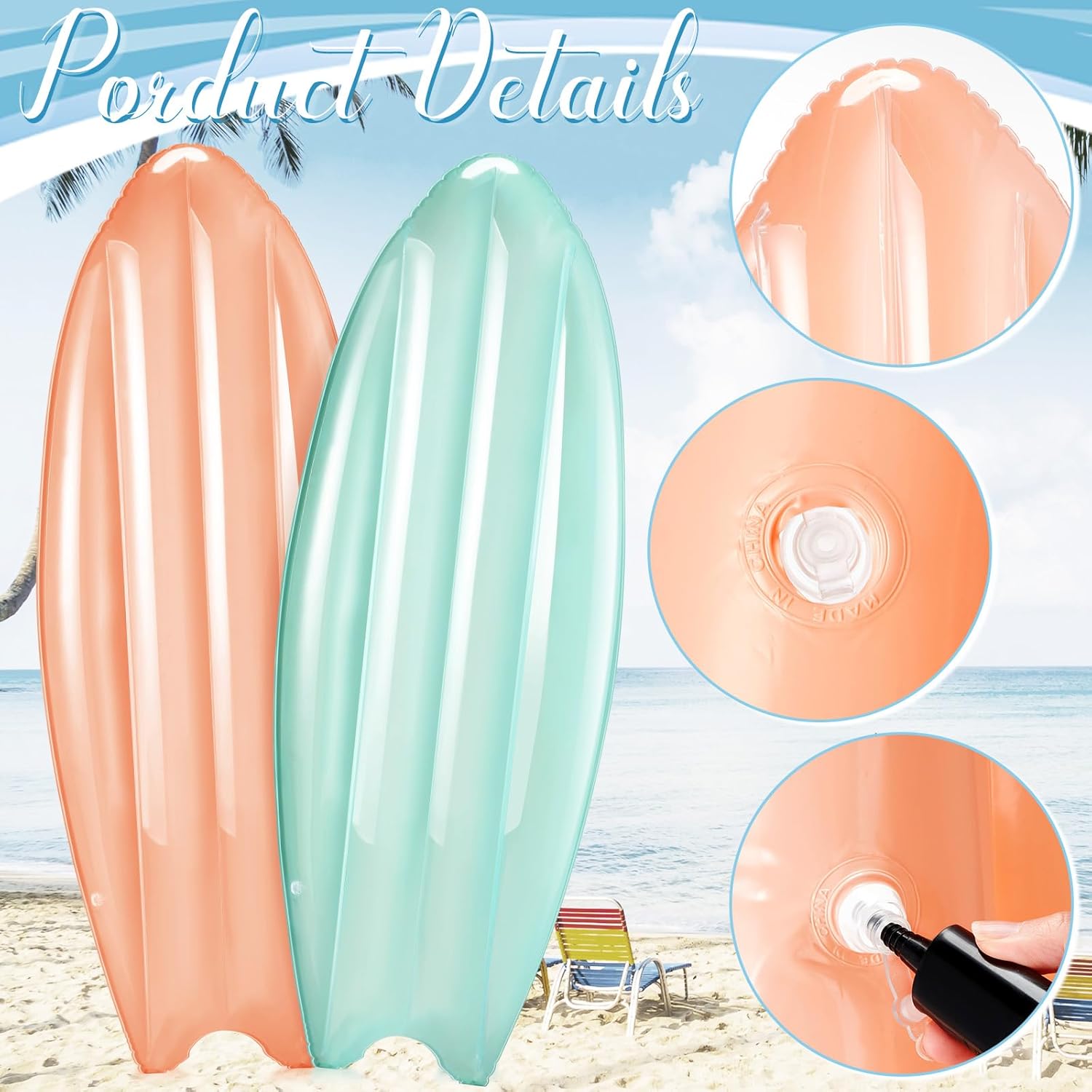 4 Pcs Inflatable Surfboard Decorations, Macaron Color Pool Floats, Blow-up Pastel Surfboard for Hawaiian Beach Summer Pool Sea Party Props (Orange,Blue,Green,Beige,57 Inch)