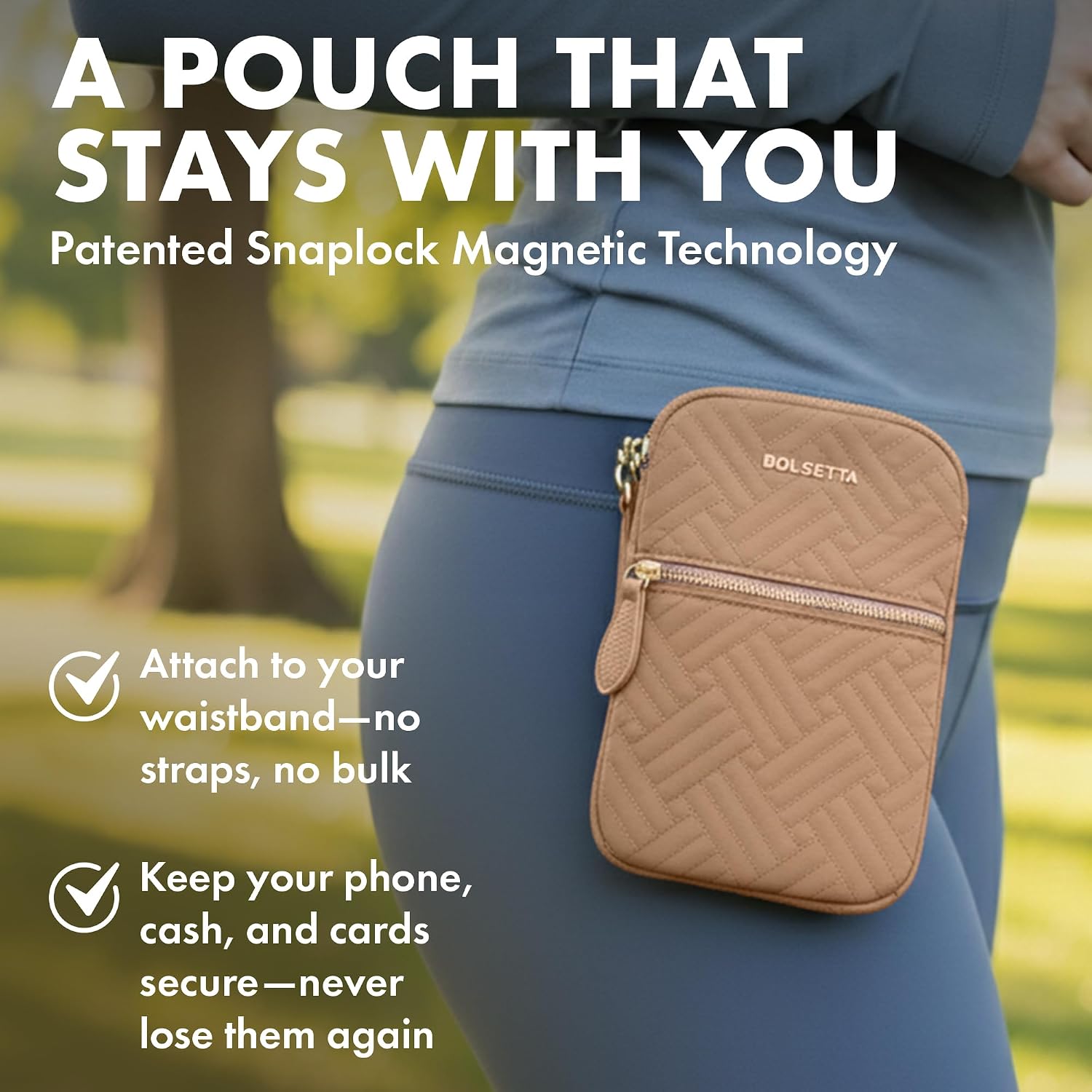 Magnetic Hip Pouch - RFID Blocking Pouch and Key Fob Protector - Zippered Pocket, Magnetic Snaplock Attachment - Lightweight Travel Wallet, Hip Bag for Concerts and Errands - Sandstone Quilt