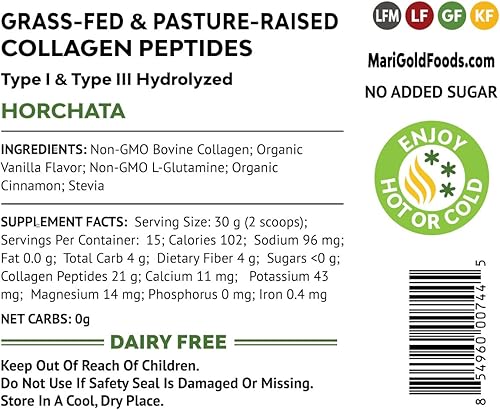 Miniatura 7 de MariGold Horchata en polvo de péptidos de colágeno alimentados con pasto, 1 libra, 100% puro, colágeno hidrolizado bovino tipo I y III, sin OMG, sin