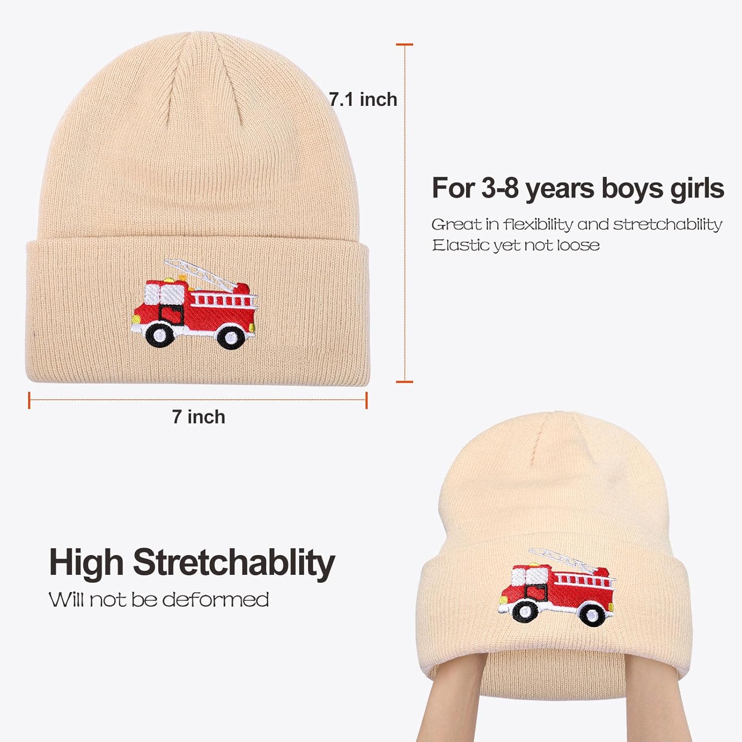 Kids Knit Beanie Cute Fire Trucks Embroidery Warm Cuffed Skull Caps Classic Autumn Winter Hats for Boys Girls 3-8 Years - Image 5