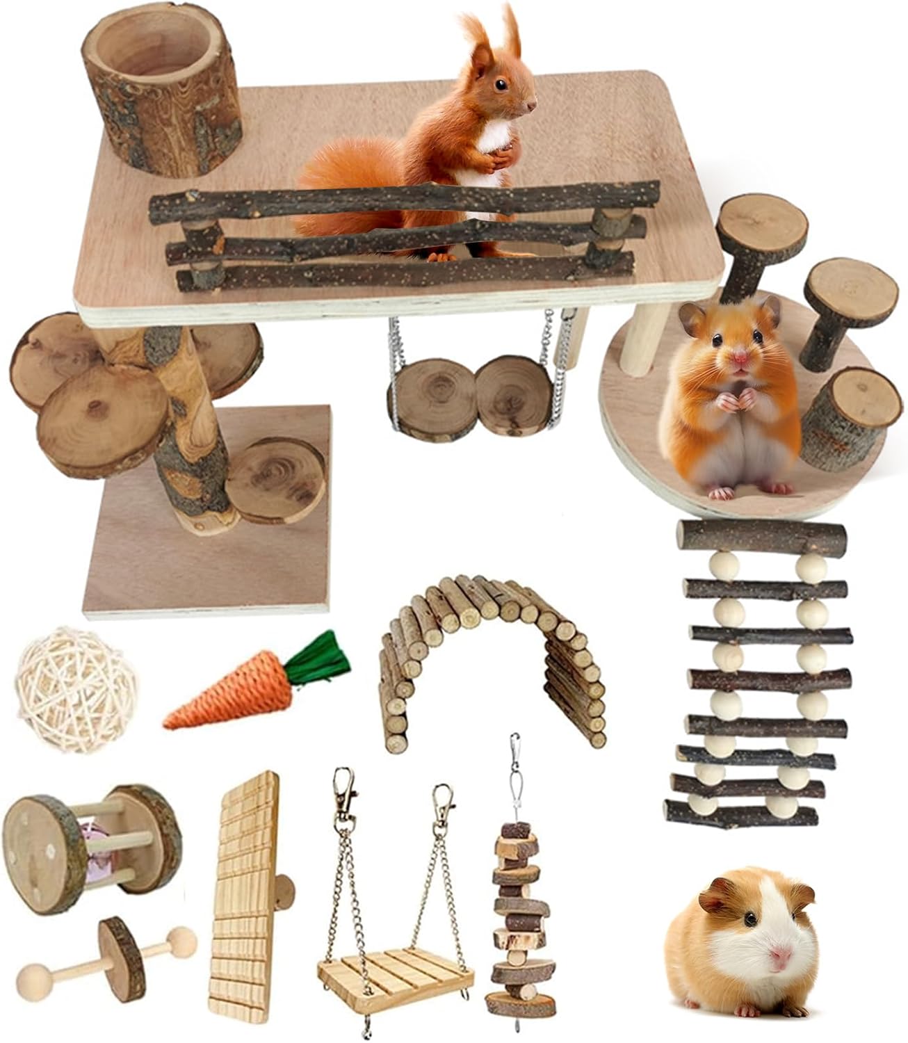Hamster Playground & Climbing Toys Set, Natural Wooden Small Animal Activity Center with Ladder, Bridge, Ramp, Food Bowl, Multi-Room Hideout for Mice, Gerbils, Rats - Hamster Cage Accessories