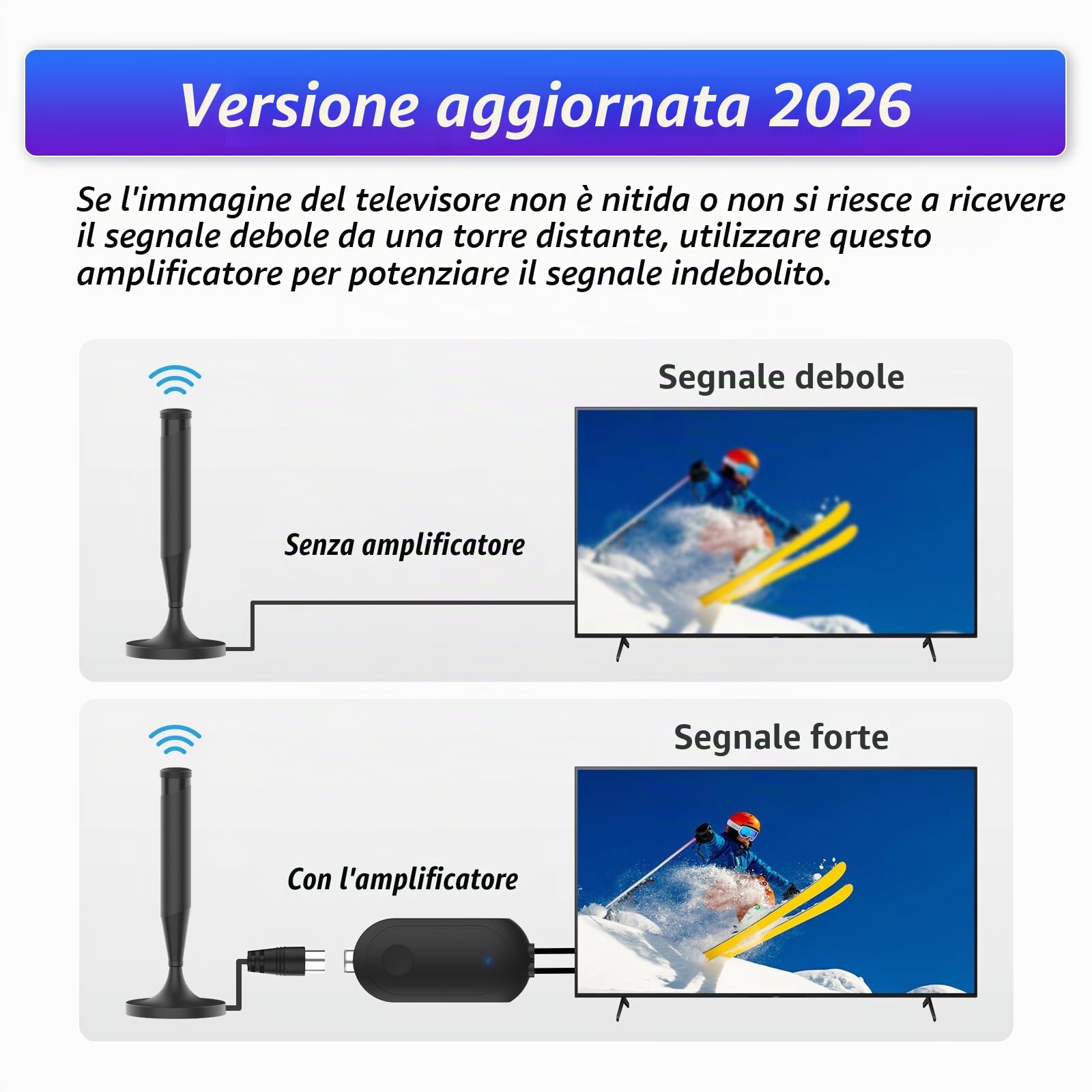 Amplificatore per antenna TV, amplificatore di segnale per ricezione chiara, compatibile con televisori digitali interni, cavo USB da 1 m con cavo da 0,3 m