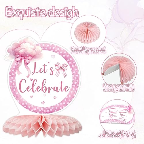 Vista 3 de Tarklanda 12 piezas de lazo rosa para baby shower, fiesta de nido de abeja, arco coqueta, decoración de mesa de cumpleaños, decoración de mesa 3D