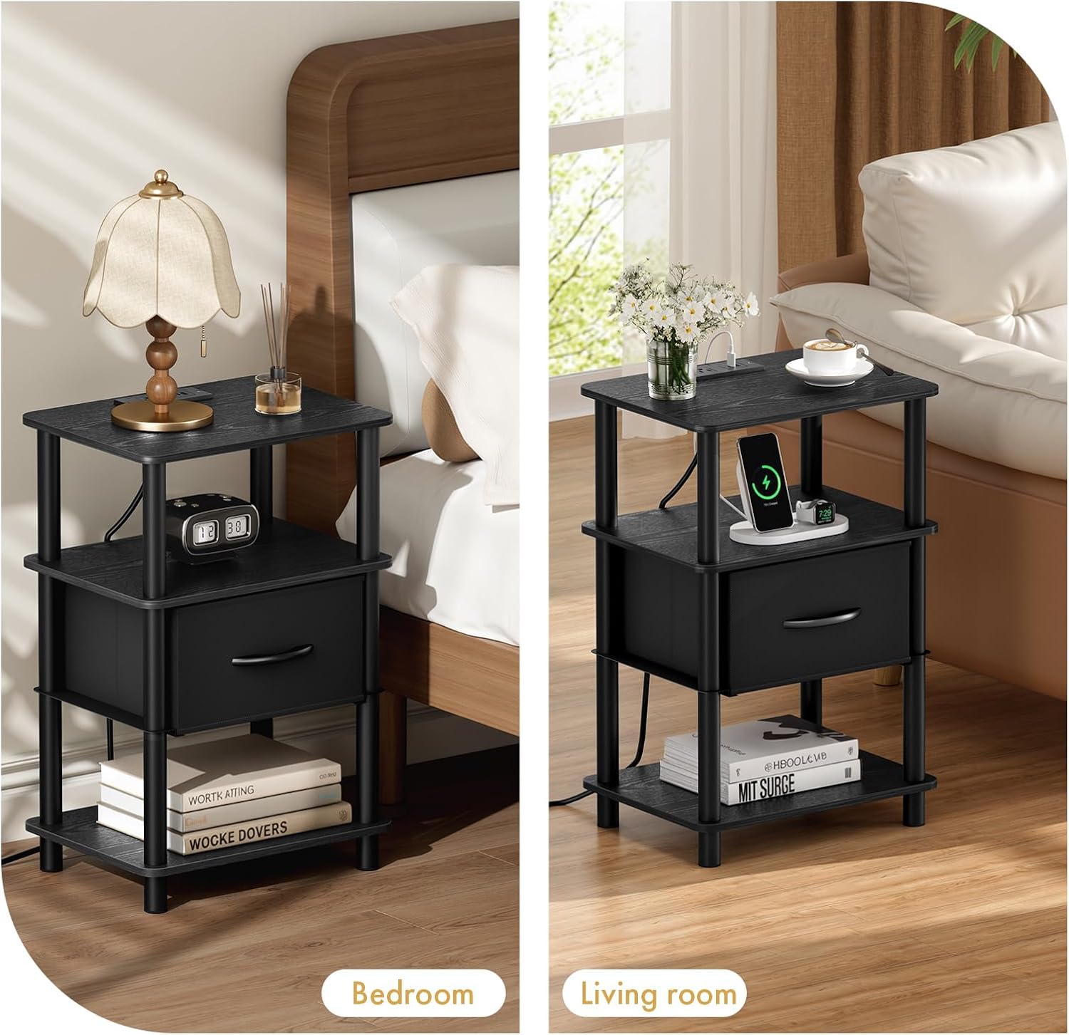 Bedroom Nightstand with Charging Station, Bedside Table with Adjustable Fabric Drawer, 3-Tier Night Table, 2-Min Installation Without Tools, Bedroom Side Table, Black