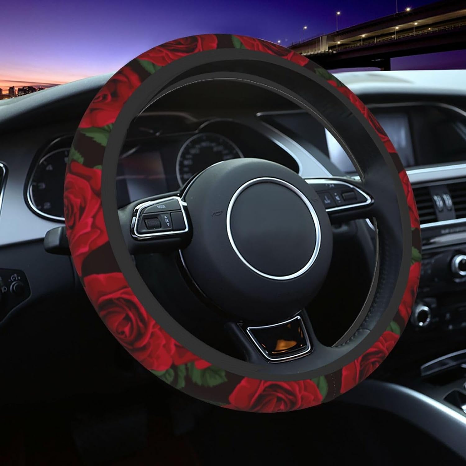 Red Rose Steering Wheel Cover Universal 15 Inch