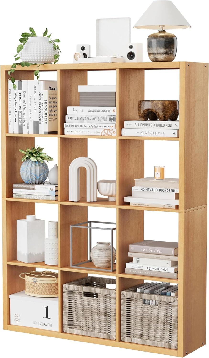 Jpiziso 12-Cube Storage Organizer, Wooden Cube Shelf Bookcase with Reinforced Thick Shelves, Heavy-Duty 36.93" L x 9.37" W x 48.82" H, for Living Room Bedroom Home Office, Natural-oak