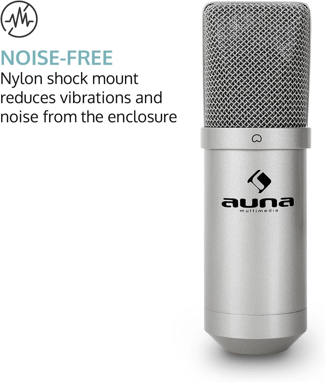 Graphic highlighting the noise-free feature of the AUNA MIC-900S microphone with its nylon shock mount.