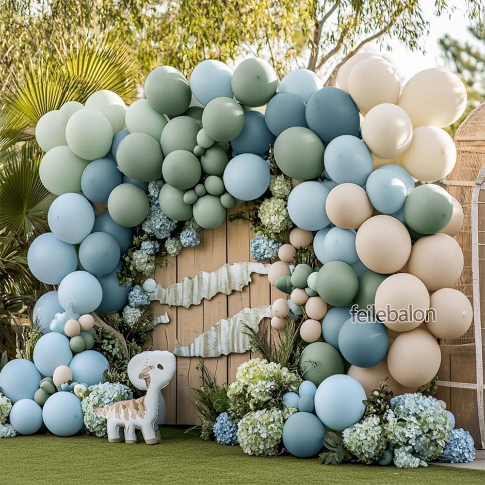 Dusty Blue Green Balloon Arch Kit Double Stuffed Pastel Light Sage Green Blue White Sand Beige Balloon Garland for Birthday Baby Shower Dinosaur Wedding Easter Jungle Wild One Party Decoration