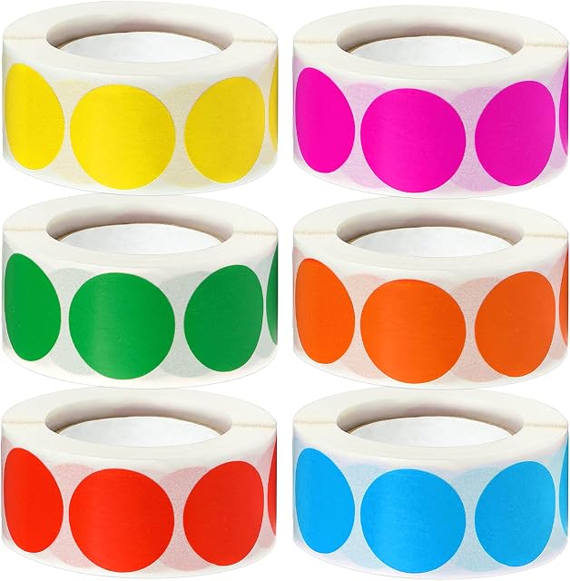 3000 Pcs 1" Round Color Coding Circle Dot Labels on 6 Rolls, 500 Count Each, Includes Bright Yellow Green Red Pink Orange Blue