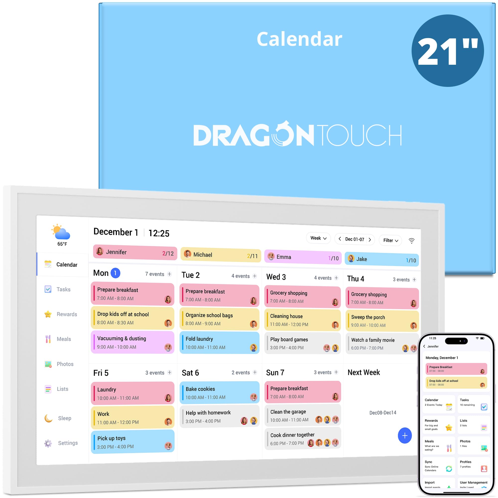Dragon Touch 21.5" Digital Calendar Chore Chart – 1080P Full HD Interactive Touchscreen, Smart Family Planner, Hearth Display Digital Calendar Wall & Desk Mountable for Seamless Scheduling