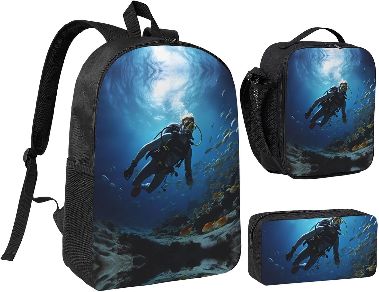 Diving Sport Backpack Set 3 PCS - 17 Inch Laptop Backpack with Lunch Bag, Waterproof Daypack Insulated Lunch Box Large Capacity Coin Pouch Personalized Gift