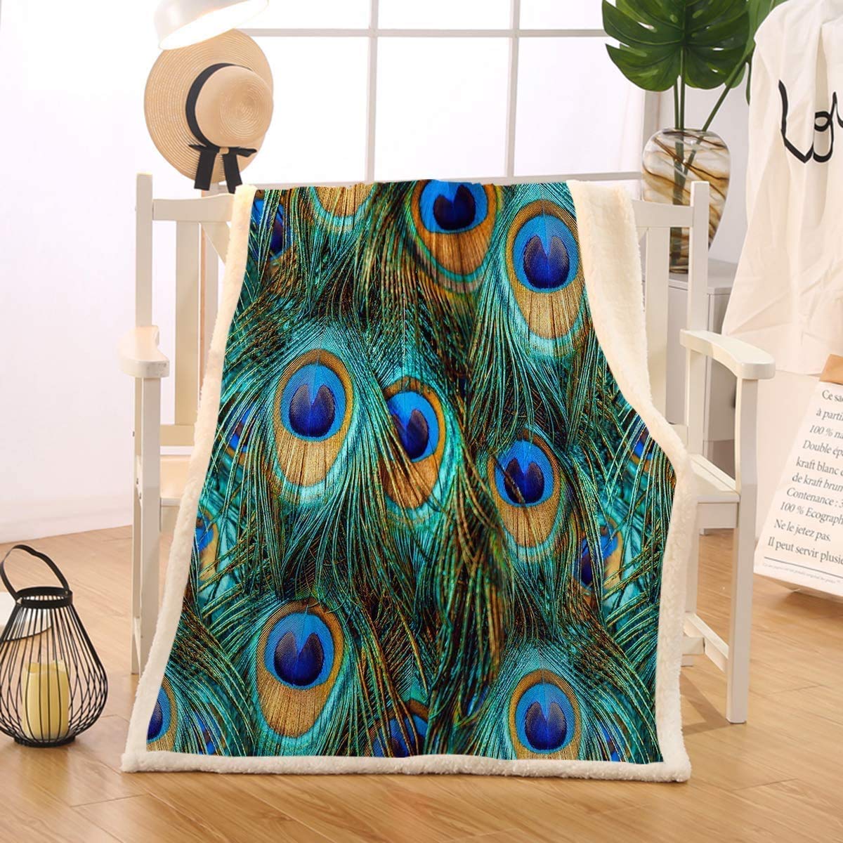 Blessliving Green Peacock Blanket Bed Sofa Soft Throw Blanket Home Decoration Sherpa Fleece Blanket Perfect Couch Sofa Travel Camping Twin/Double (150X200cm)