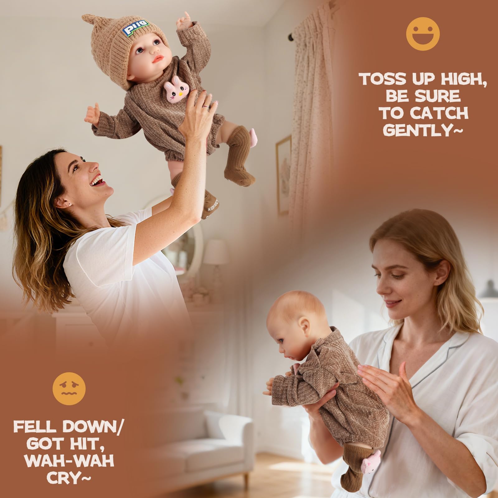 JONRRYIN Bambole Reborn con Sensore di Gravità, 43cm Bambole Reborn Interattive per Bambine, che Respirano, Piangono e Ridono, Ideali dai 3 Anni in su (Marrone)