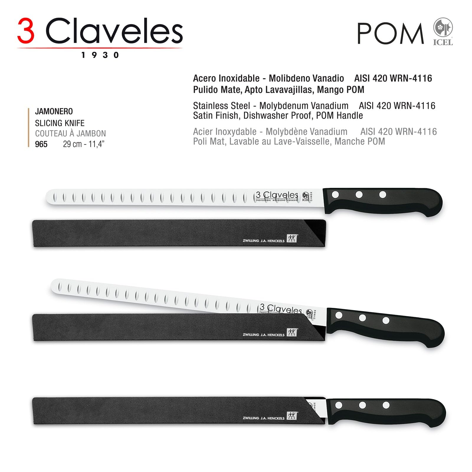 Juego Profesional de Soporte Jamonero Plegable en Acero Inoxidable y Cuchillos 3 Claveles, Funda y Chaira (MBLANC Negro)