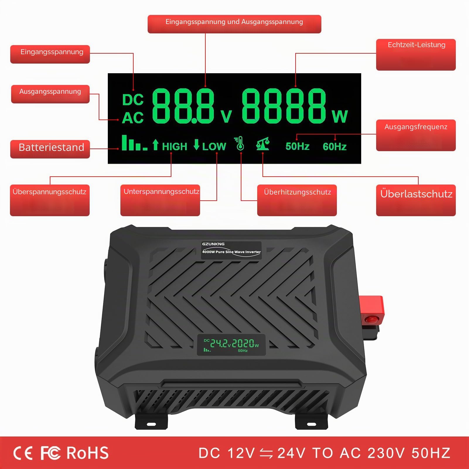 Dual Voltage Wechselrichter 12V/24V auf 230V Reiner Sinus Universal Dualer Spannungswandler 2000W/2000W, Automatische intelligente Erkennung von 12V/24V, Spitzenleistung 4000W/4000W.