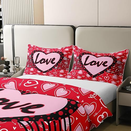 Miniatura 3 de Manfei Juego de ropa de cama para el día de San Valentín, juego de funda de edredón romántica con diseño de corazón de amor, juego de funda de