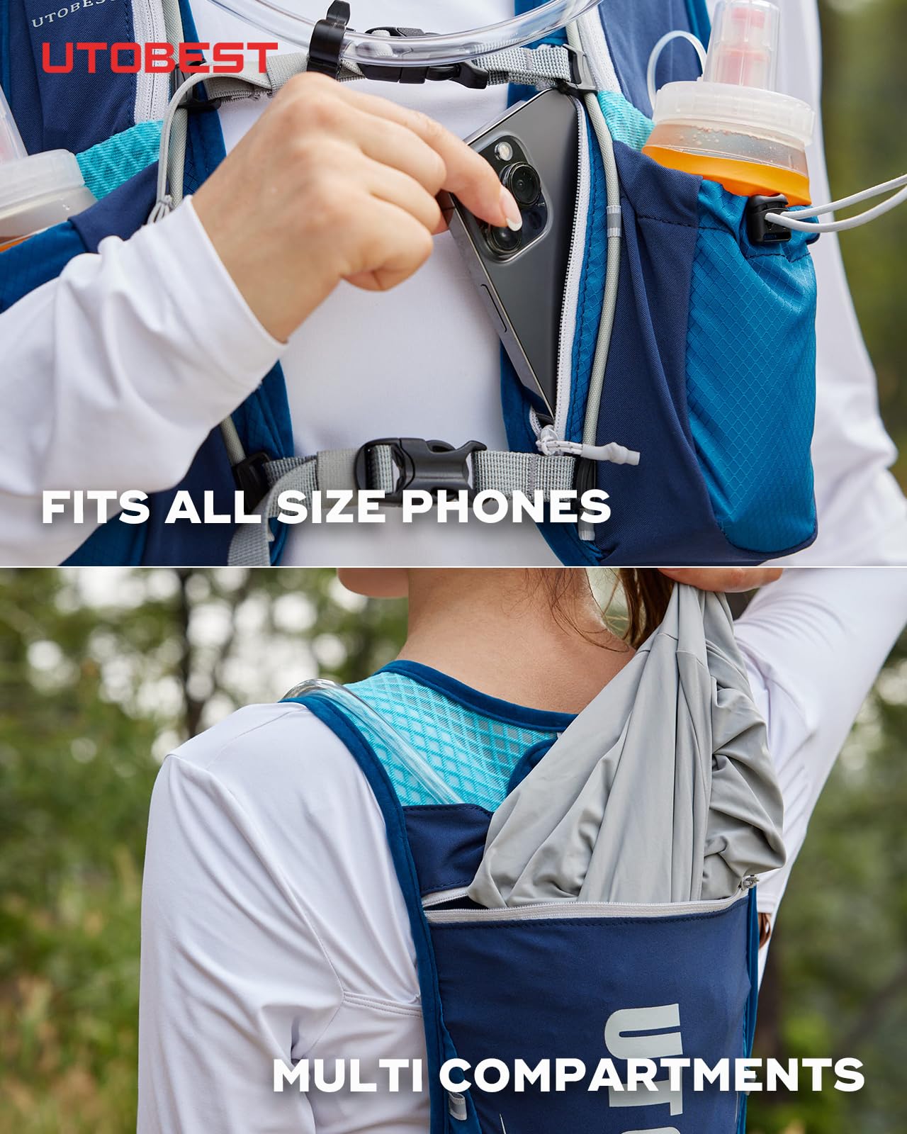 UTOBEST Gilet de Course, Gilet Hydratation Léger 5L UTR104 | 7 poches, grand support telephone, ajustement confortable, sans rebond, OSFM, mixte, trail, park run, marathon