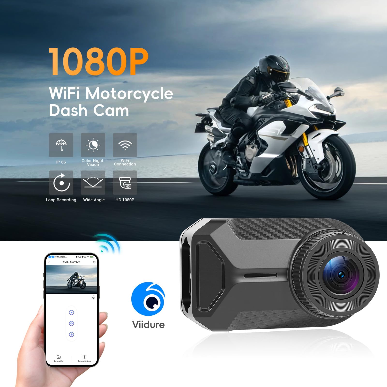 CAMECHO Mini Dashcam para Moto 1080P Cámara IP66 Frontal Impermeable Sin Pantalla, Gran Angular de 110°, Visión Nocturna, Aplicación WiFi, Grabación en Bucle, 7 * 4 * 3,2 cm