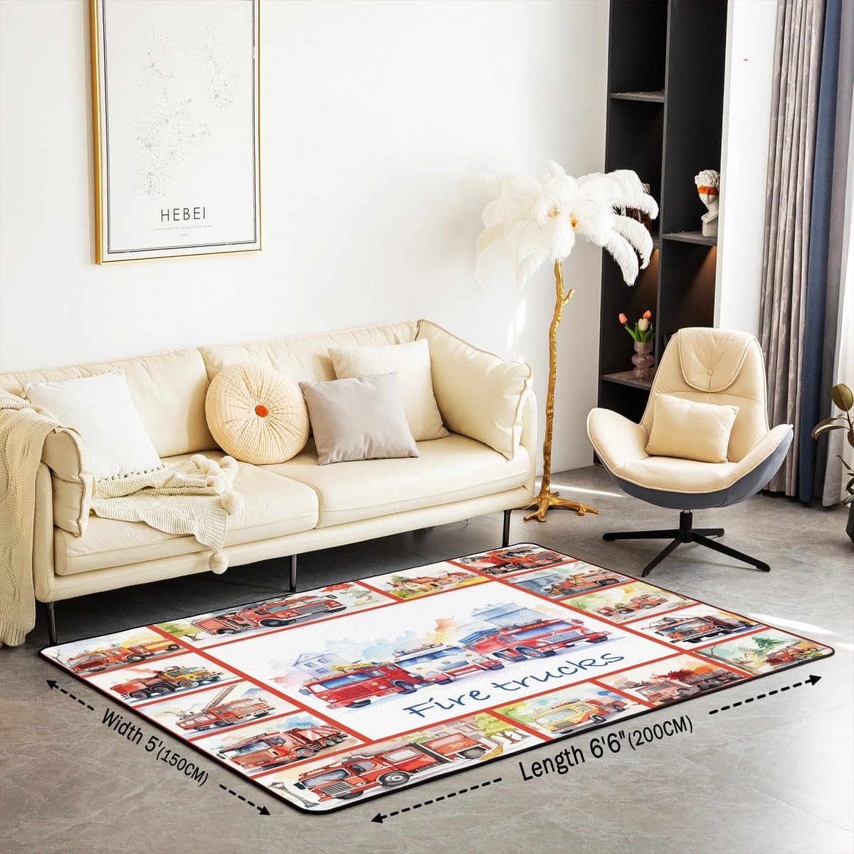 Homemissing Cartoon Voitures Tapis d'extérieur Pompiers Feu Camion Antidérapant Tapis de Salon 150x200cm Pompiers Voitures Moderne Tapis Exterieur Aquarelle Tapis Chambre pour Salon Cuisine Et Balcon