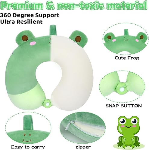 Miniatura 2 de JEROKUMI Almohada de viaje de espuma viscoelástica para niños, linda almohada de cuello para niños de rana para viajes, almohada en forma de U de