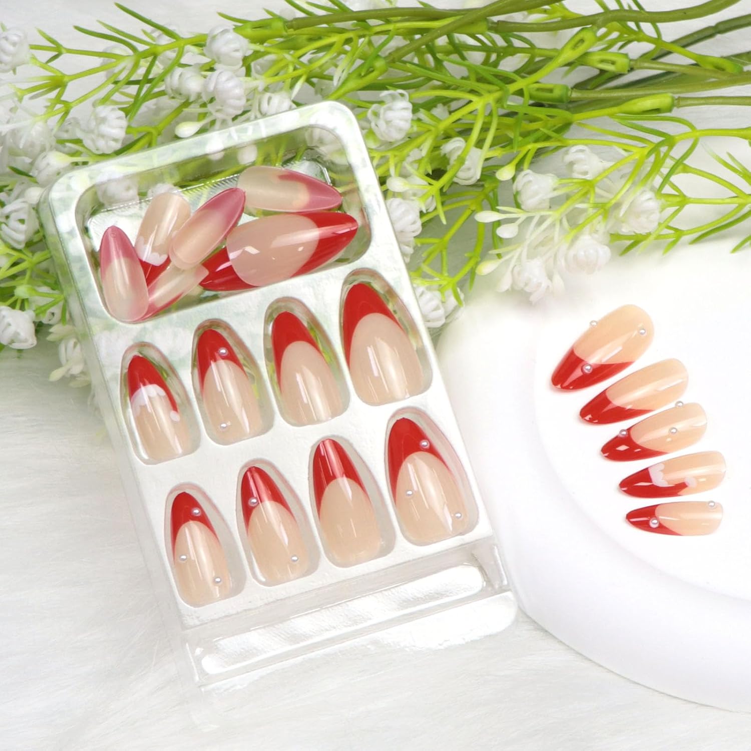 Condition photo showing New/Like New for christmas press on nails medium almond fake nails with pearl designs french tip nails press ons glossy xmas red nude glue on nail winter artificial stick on nail for women 24 pcs red french tip nude