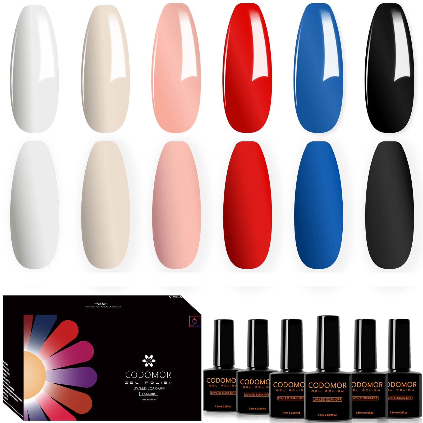 CODOMOR 6 PCS Gel Nail Polish Set, Daily Series Classic Color Nail Polish, UV/LED Soak Off Gel Polish Kit Gift for Girl Nail Art Manicure, Blue,White,Grey,Red,Pink,Black