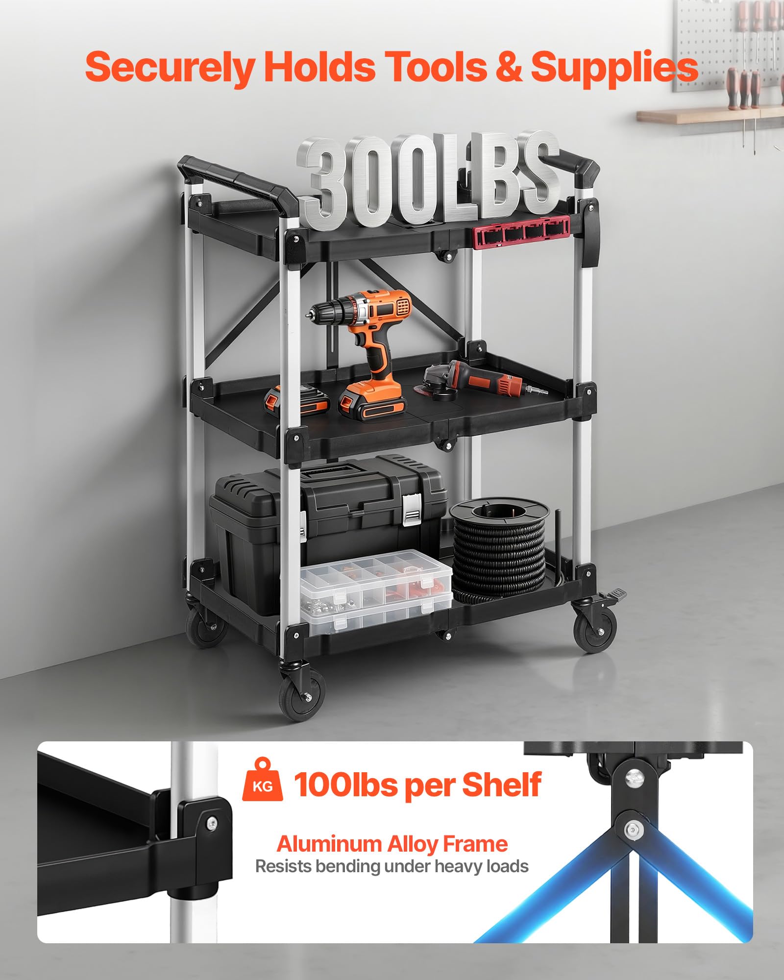 VEVOR Carrello di Servizio Portata 136 kg 3 Ripiani Pieghevole con Ruote, Carrello Officina, Ruote Girevoli a 360° con freno, Maniglia Bilaterale, Struttura Rinforzata con Vassoio, per Magazzini