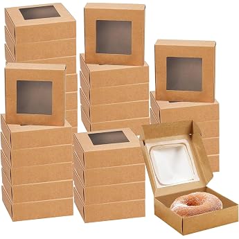 Kraft Paper Boxes Pack of 30 10 x 10 x 3 cm Biscuit Boxes with Viewing Window for Cupcakes Biscuits Desserts Party and Gift