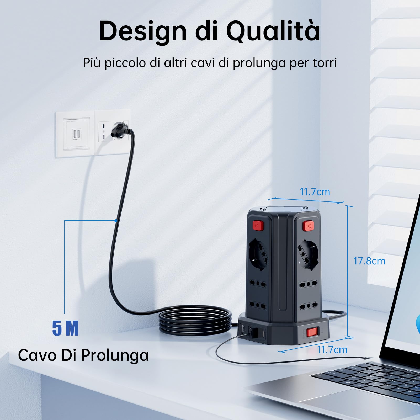 5 mètres multiprise électrique avec 12 prises universelles 10/16A ITA et Schuko et 3 USB A+1 USB C protection Surtension avec 4 interrupteurs indépendants, noir