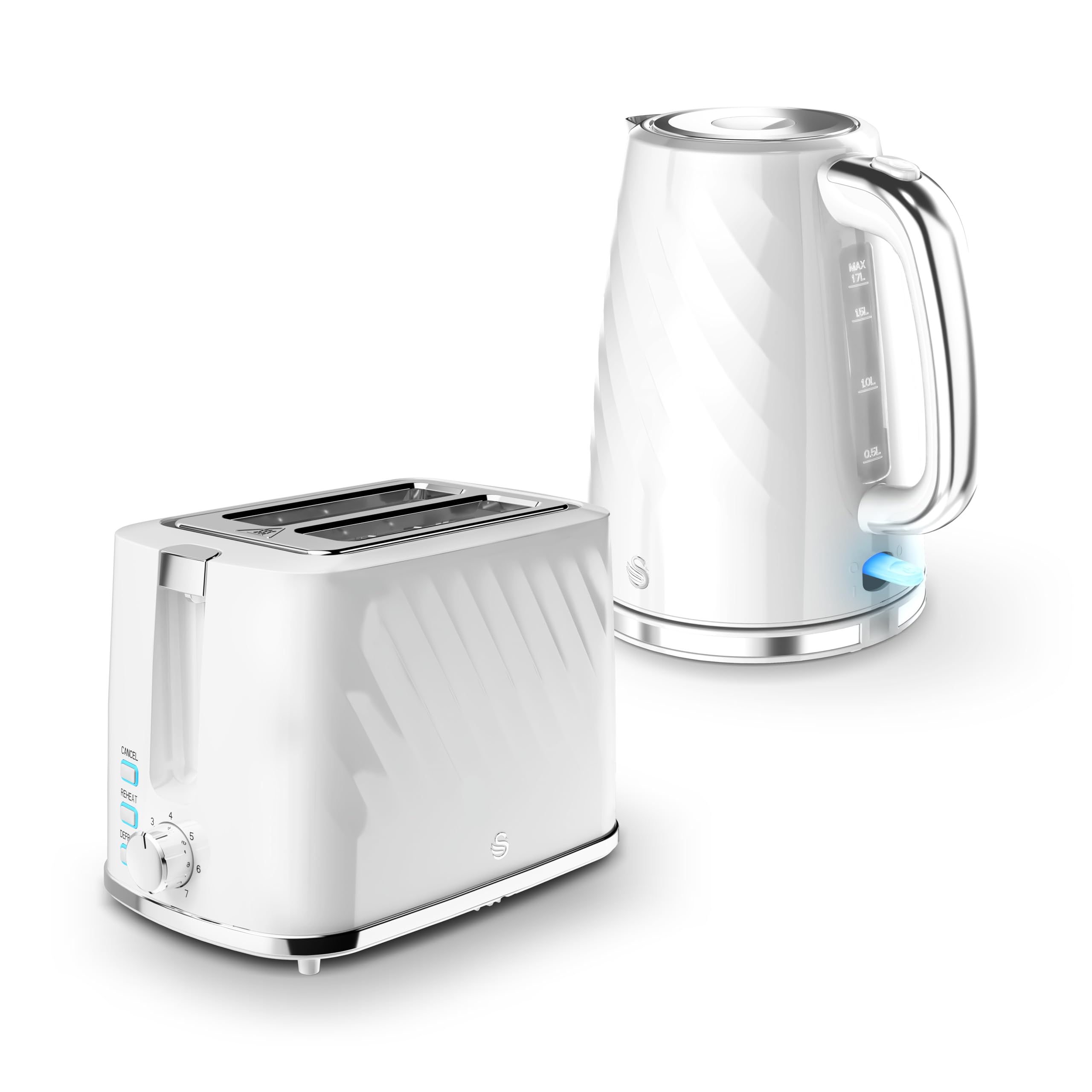Swan Windsor Kitchen Set, 1.7L Fast Boil Kettle & 2 Slice Toaster, White, SK14611WHT & ST14071WHT