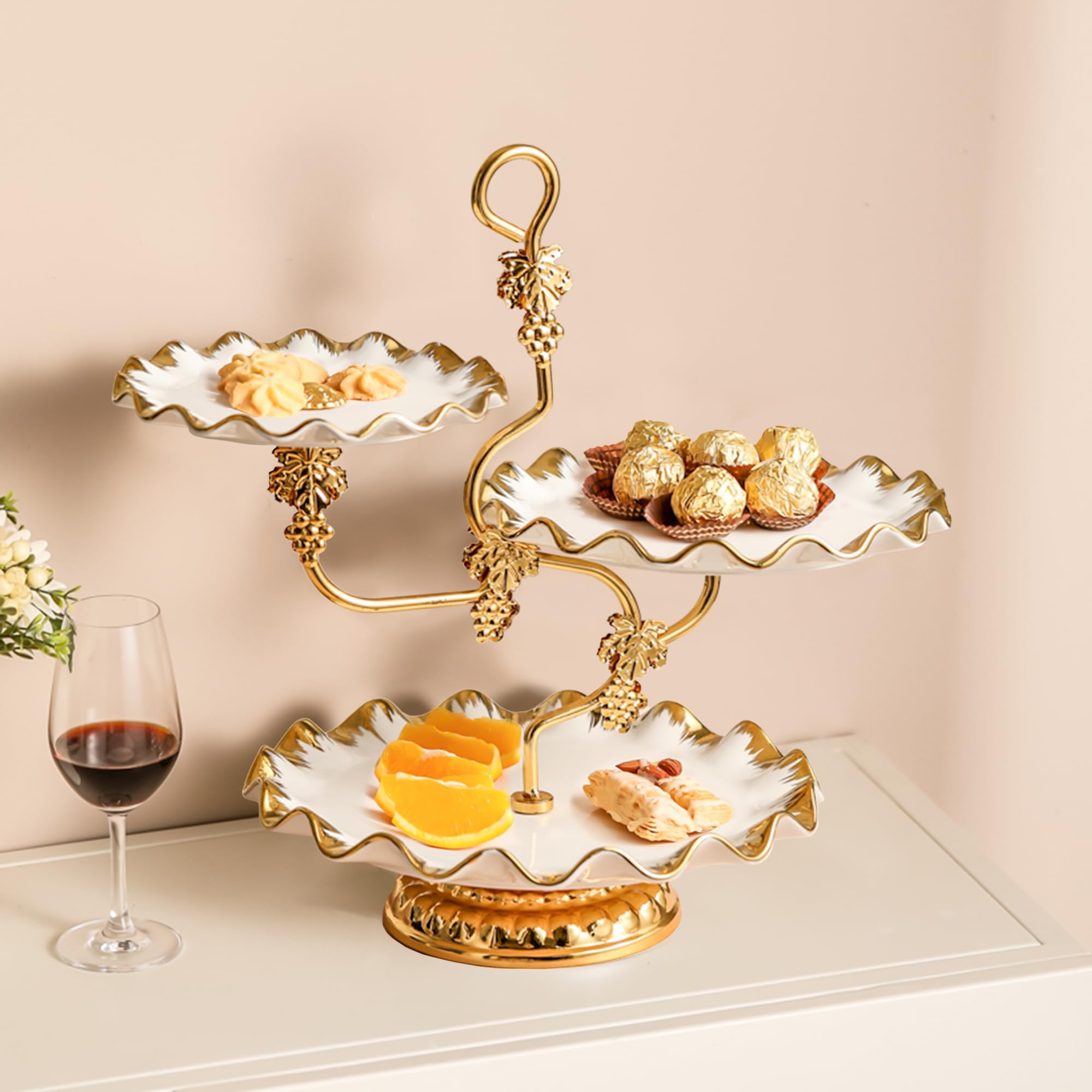 Ceramic Oval Tiered Serving Bowls Tray Setï¼ŒWhite 3 Tier Ceramic Fruit Bowl with Bamboo Wood Stand for Sushi, Dessert, Fruit, Vegetables, Appetizer, Cake (Lace-Golden-Rack-Golden-Tray, 3-Tier)