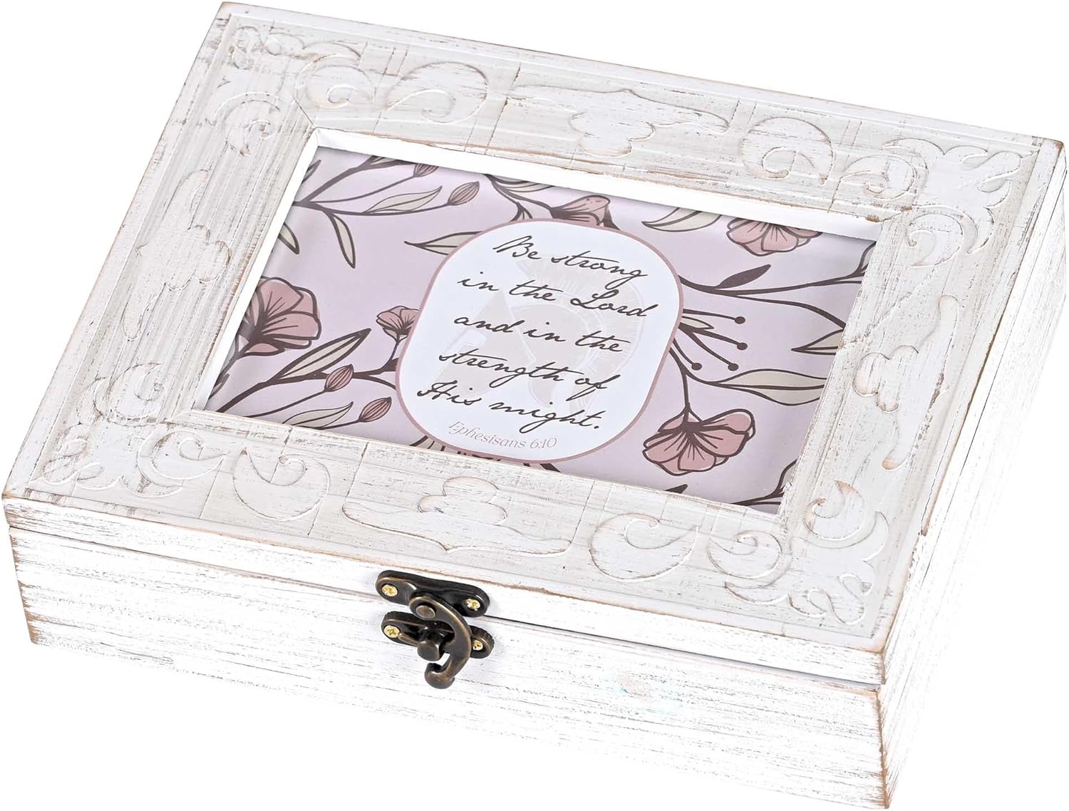 Dicksons Christian Keepsake Music Box 6.5 x 8.5 Inch – Be Strong in The Lord Scripture Decorative Vintage Floral Wooden Jewelry & Memory Box for Women