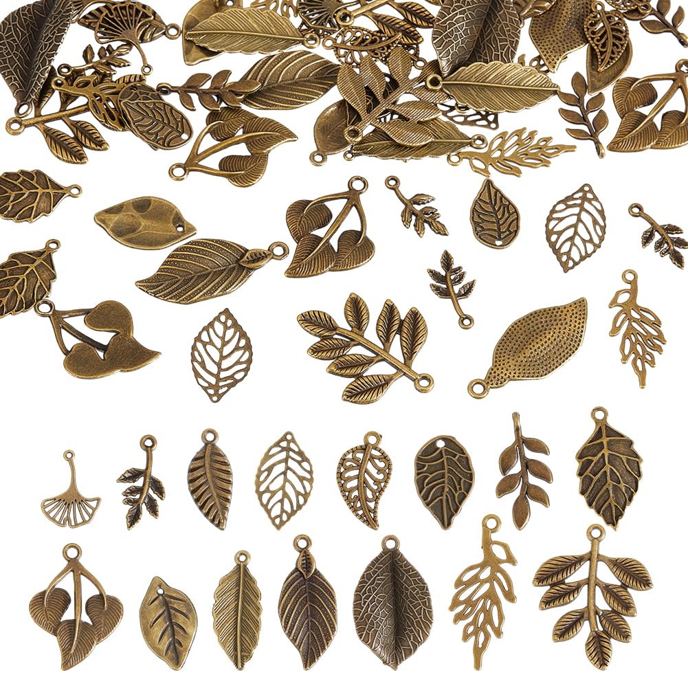 AHANDMAKER 96Pcs 15 Styles Tree Leaf Charms, Hollow Leaves Dangle Pendants Antique Bronze Metal Embellishments for Jewelry Making Necklaces Bracelets Earrings DIY Crafts Bag Dcoration