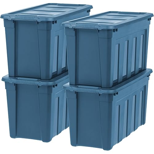 IRIS USA 31 Gallon Eco-Friendly Heavy Duty Storage Totes with Easy-Grip Handles, 4 Pack - Large Bins with Lids Garage Organizing Tubs, Durable Stackable Utility Containers, Made in USA - Navy