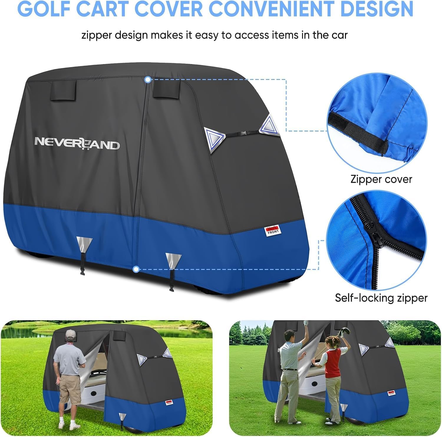 NEVERLAND Golf Cart Cover 4 Passenger - Heavy Duty 600D Golf Cart Covers, Waterproof Club Car Golf Cart Cover with Side Zipper Doors Compatible with EZGO Yamaha Club Car 4 Seat (Up to 115 Inch)