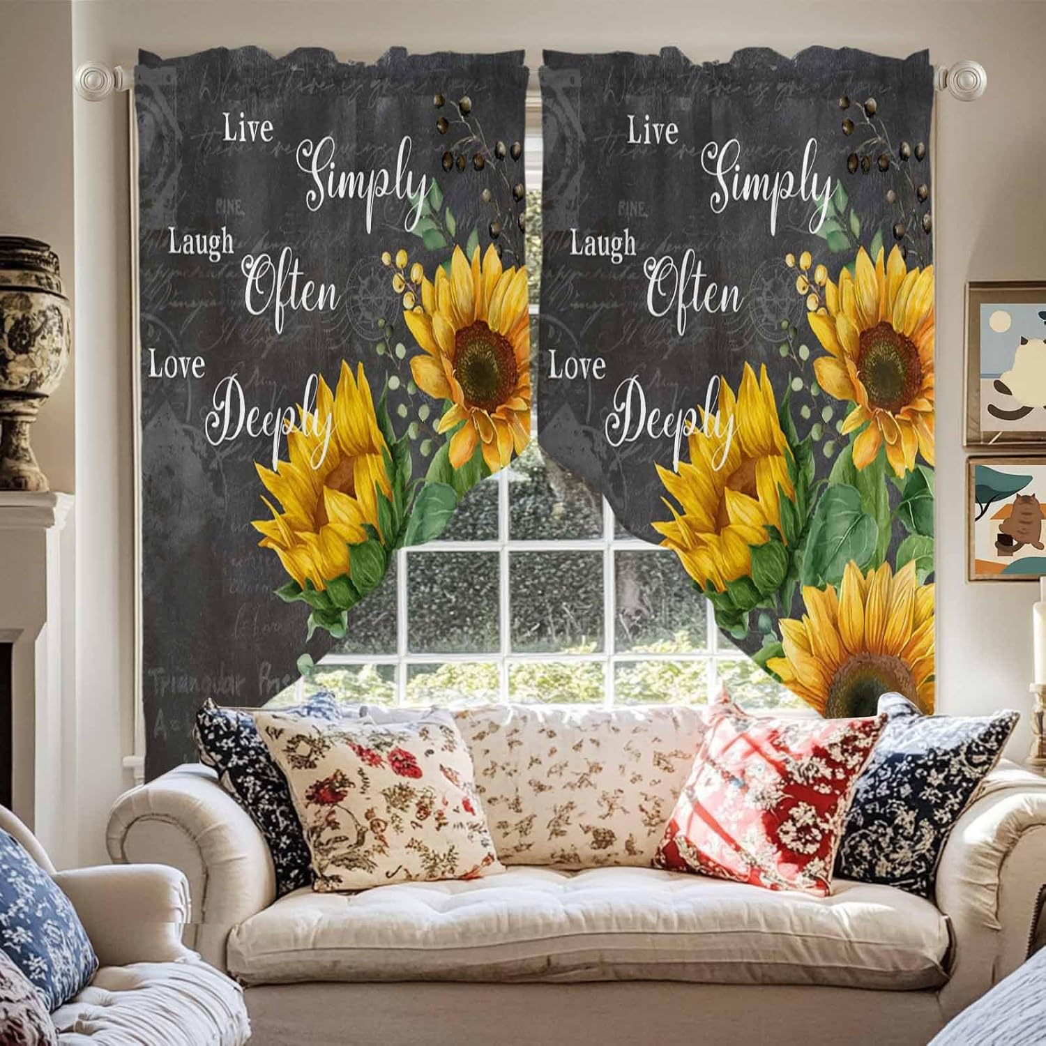 Yellow Sunflowers Swag Curtains Farmhouse Floral Rustic Leaves Dark Grey Swag Valances for Kitchen Windows, Window Treatment Topper Curtains for Living Room Bedroom Bathroom, 36" W x 63" L