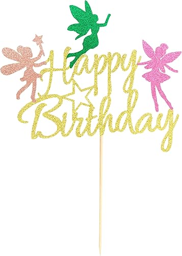 Miniatura 7 de Arthsdite Decoración para pastel de hadas, decoración de fiesta de cumpleaños para niña, decoración de feliz cumpleaños de hadas, purpurina dorada