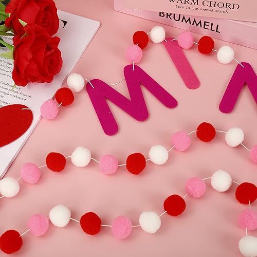 Miniatura 4 de Whaline Guirnalda de bolas de fieltro para el día de San Valentín 3 unidades con pompones color rojo rosa y blanco pancarta decorativa romántica