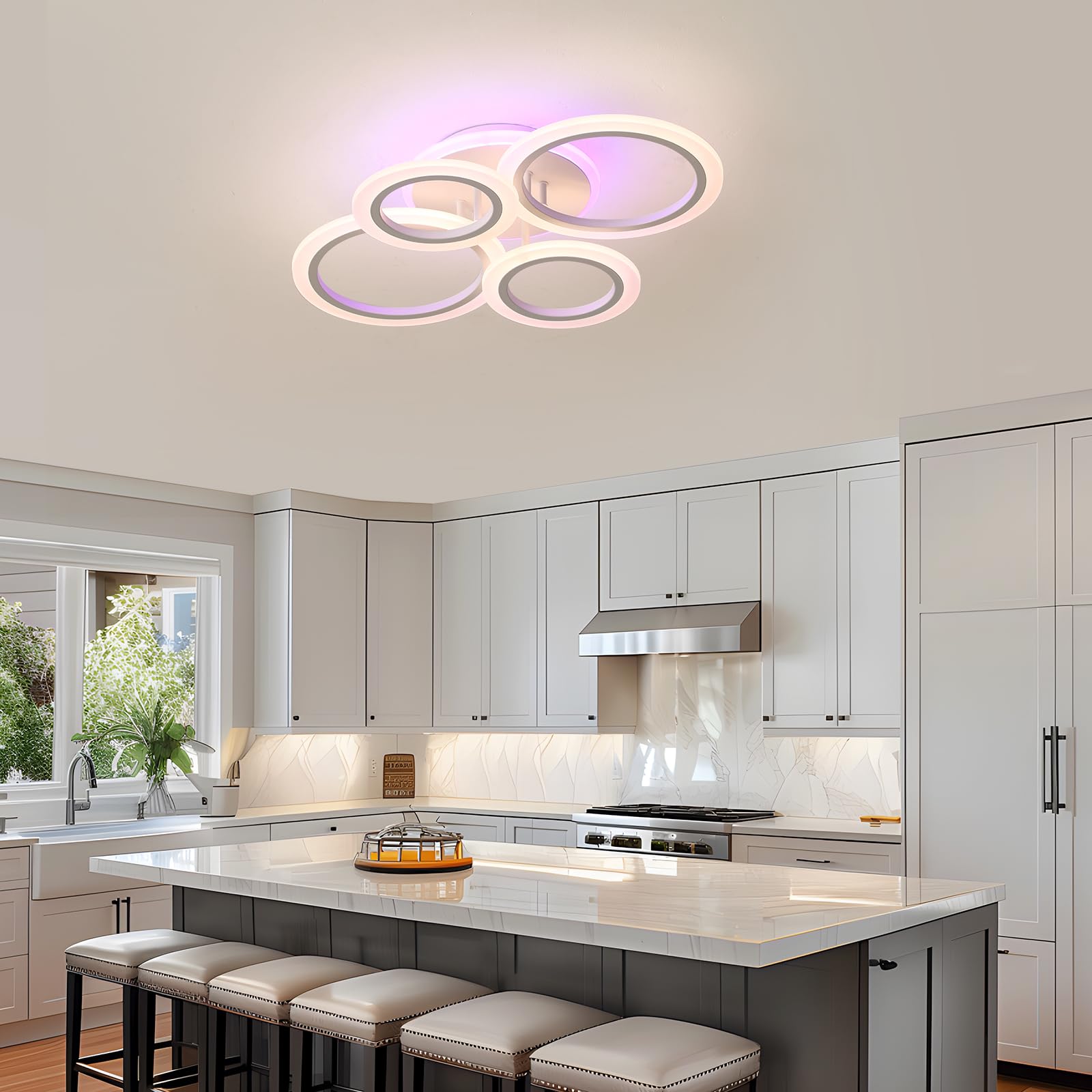 Plafoniera LED Soffitto 50W, 4 Anelli Dimmerabile con Telecomando | 3000-6000K, luce ambiente rosa/viola/blu, 3000LM, memoria, 10-100%, per soggiorno, camera da letto, cucina e sala da pranzo