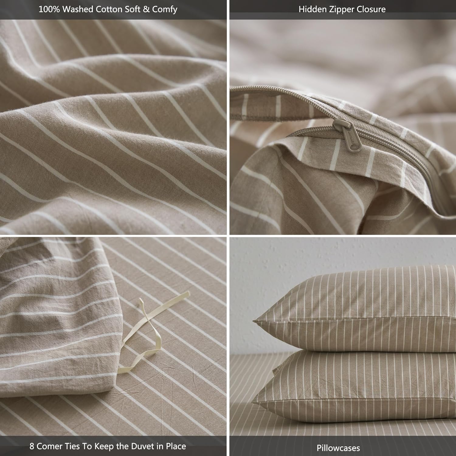 Sedefen Bettwäsche 220x240 cm Baumwolle Khaki Taupe Gestreift Baumwollbettwäsche Set,Renforce Bettbezug und 2 Kissenbezug 80x80cm mit Reißverschluss