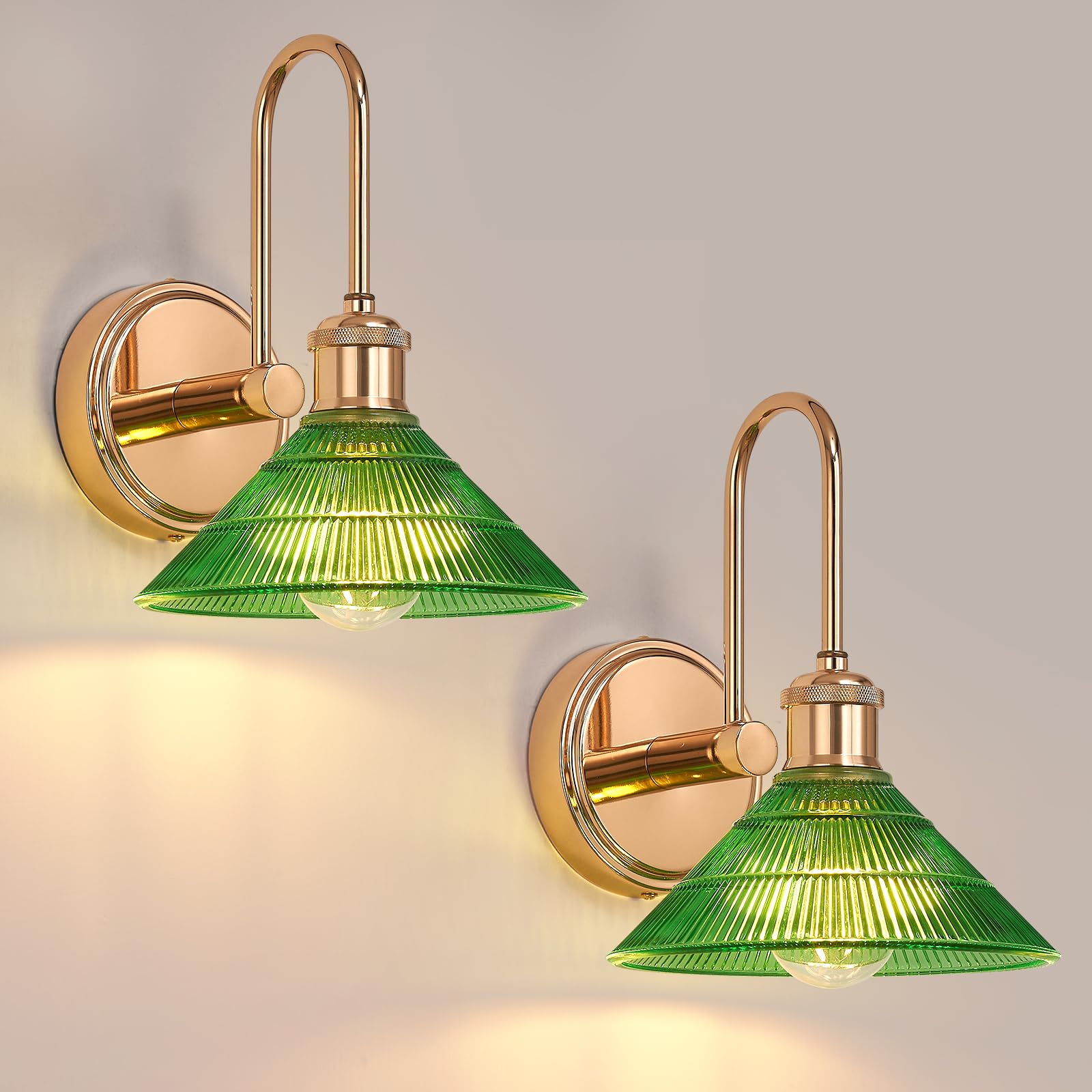 Vikdio Wall Sconce Set of 2, Gold Vintage Light Fixtures with Round Green Glass Lampshade, Hardwired Sconces Wall Lighting for Bedroom, Bathroom, Living Room | Includes 2 LED Bulbs