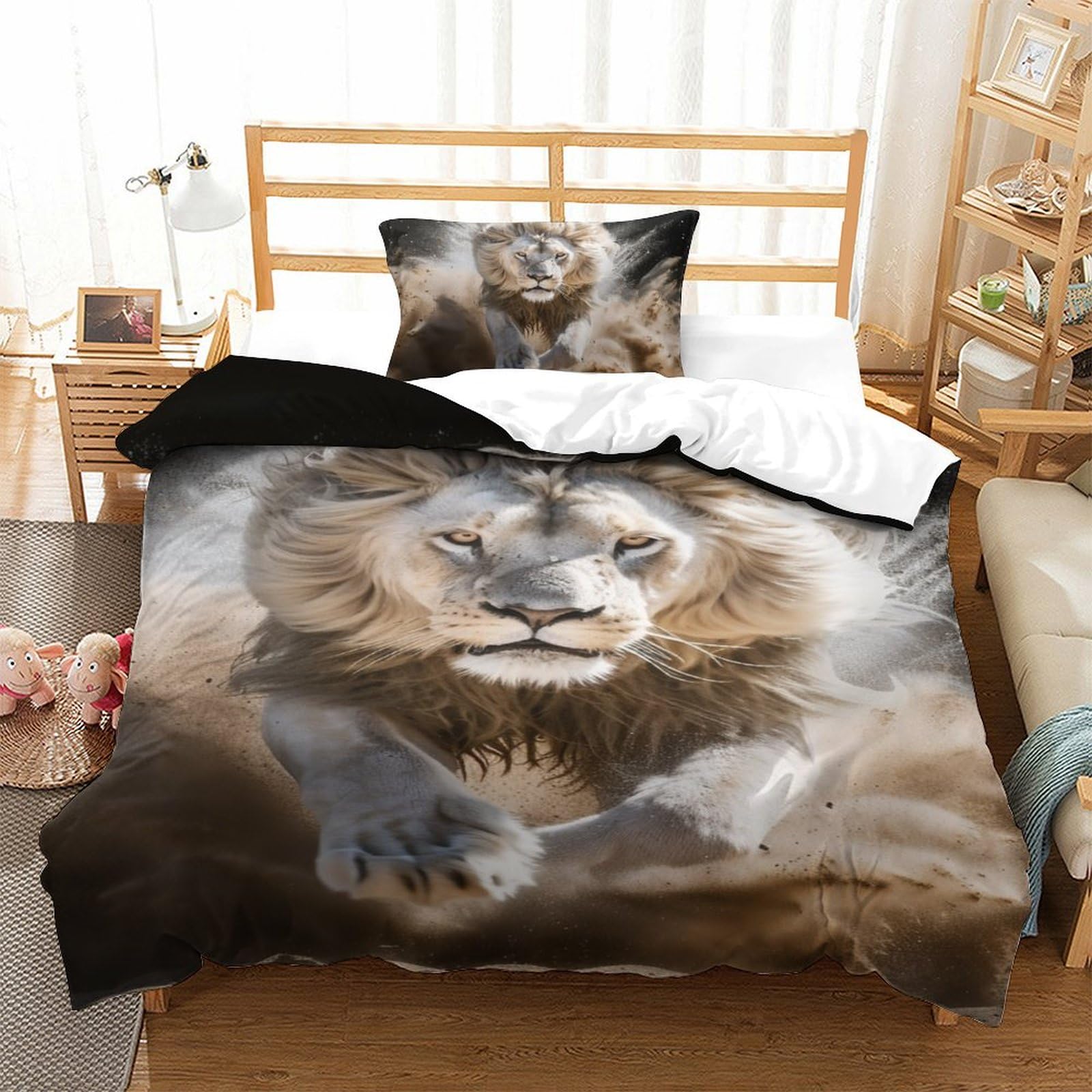 Parure de couette lion imprimé 3D en microfibre respirante et douce pour lit 1 place