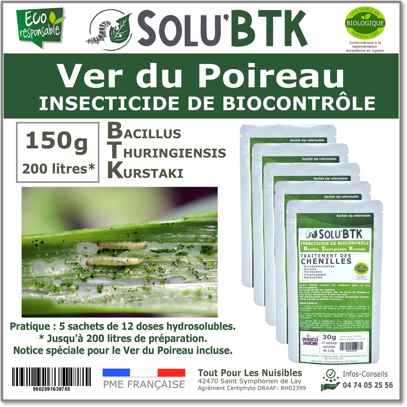 SoluBTK - Ver du Poireau 150 g Bacillus thuringiensis - Insecticide Utilisable en Agriculture Biologique