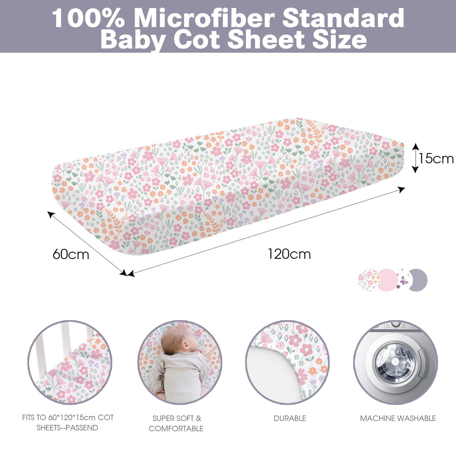 Cot Bed Sheets Fitted, 4 Pack Baby Girl Sheets, Soft Microfibre 60x120x15cm, Breathable & Snug Fit Mattress Covers, Butterfly - Image 4