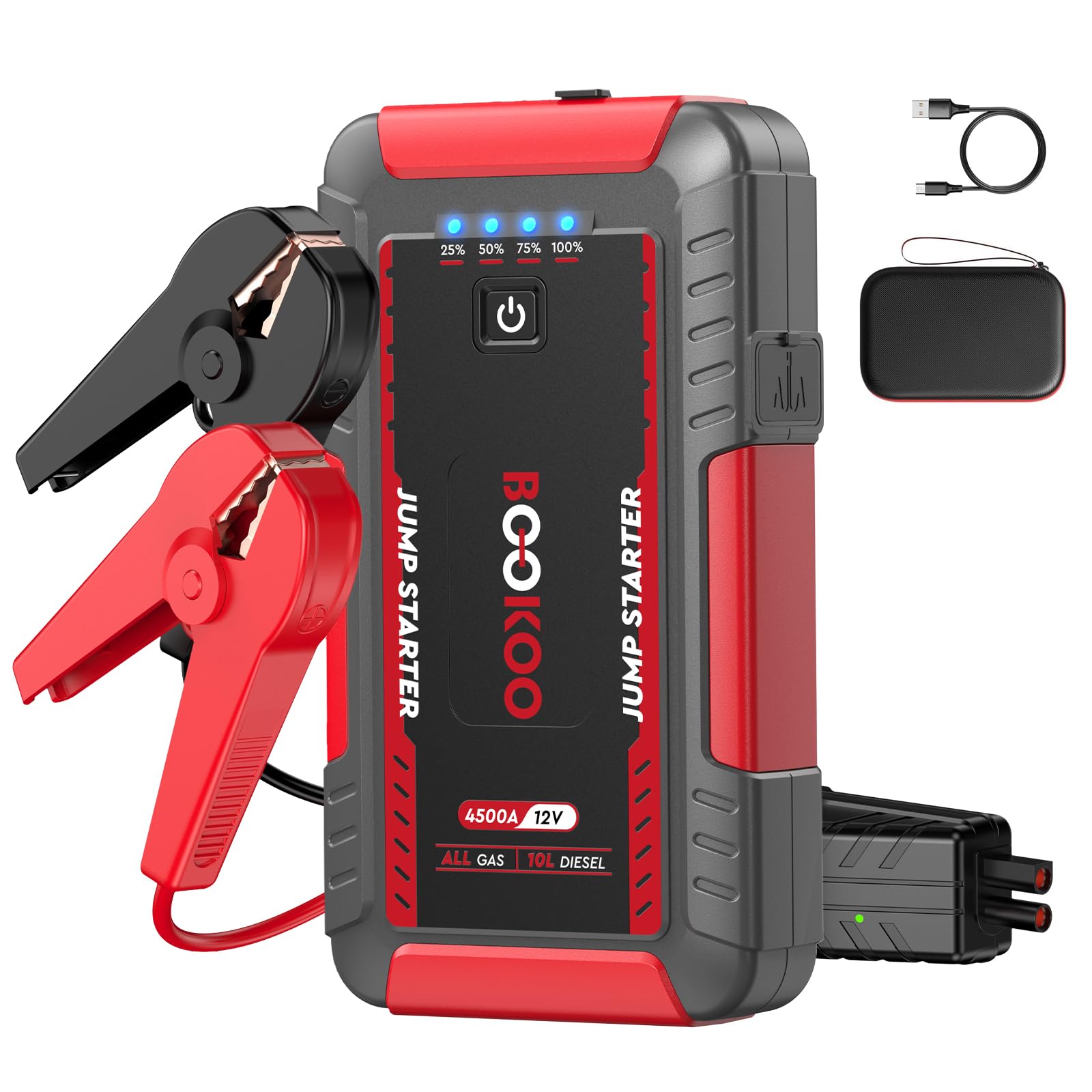 BOOKOO Portable Car Jump Starter, 4500A Car Battery Jump Starter for Upto 10L Gas and 8L Diesel Engines,12V Jump Box with Jumper Cables,USB QC3.0,LED Light